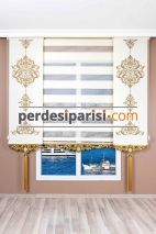 Ekru Geniş Plise Zebra Perde - Altın Varaklı 