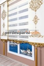 Ekru Geniş Plise Zebra Perde - Altın Varaklı 