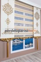 Ekru Jakar Zebra Perde - Altın Varaklı 