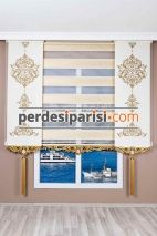 Ekru Jakar Zebra Perde - Altın Varaklı 