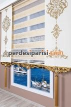 Ekru Jakar Zebra Perde - Altın Varaklı 