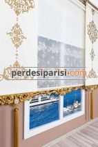 Mini Damask Çiftli Stor Perde - Altın Varaklı