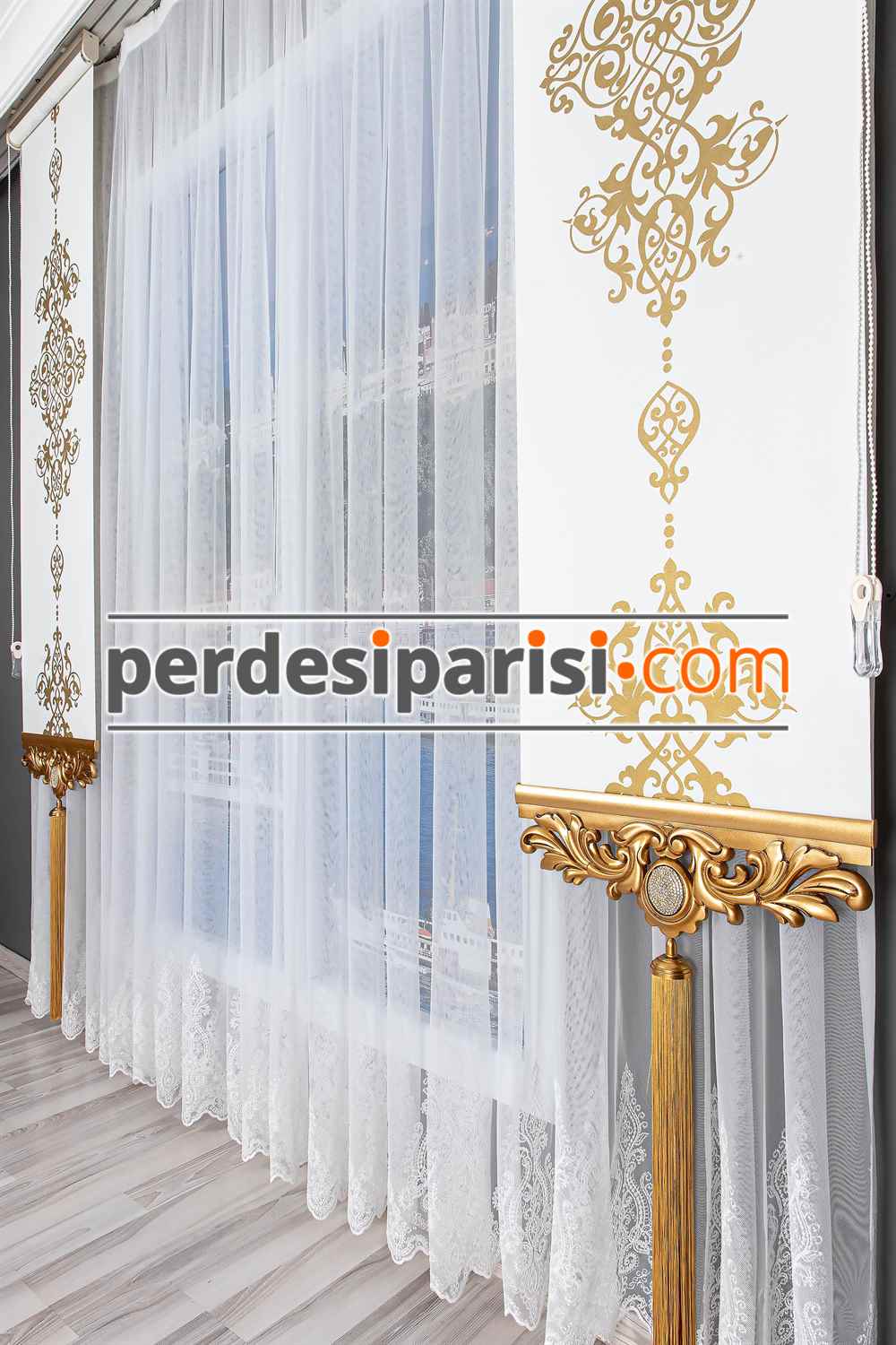 Altin Varakli Ekru Stor Fon Perde Perdesiparisi Com