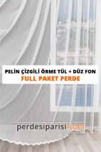 Pelin Çizgili Örme Tül + Düz Fon Perde (Full Paket)