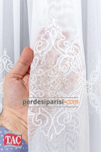Taç Altın Damask İşlemeli Keten Tül Perde