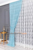 Damask Turkuaz Full Paket Perde