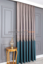 Damask Turkuaz Bej Pano Fon Perde