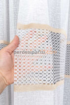 Krem Bantlı Keten File Tül Perde